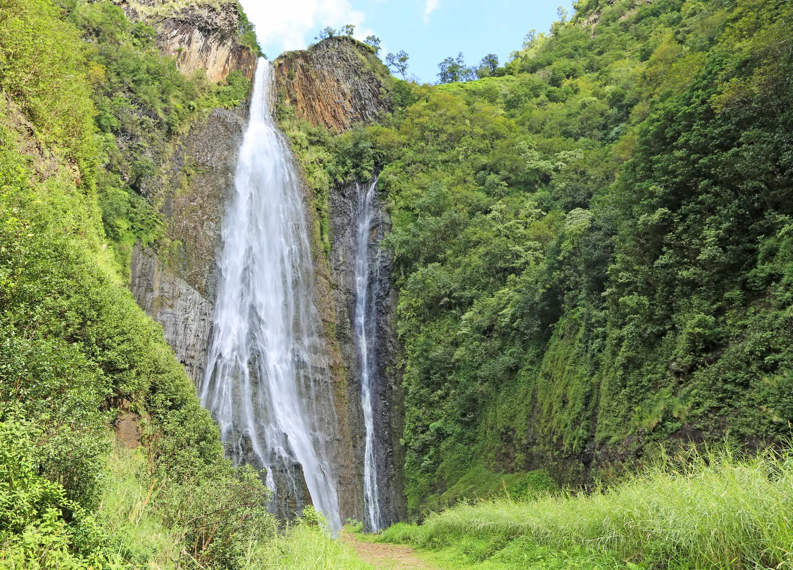 Waterfall hikes. A waterfall drops through a narrow green gorge, with a rocky trail in the foreground.