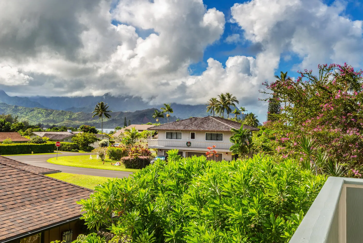 Upstairs living area views. Green mountains and neighboring houses seen over shrubs and a shingled roof, under a cloudy sky.